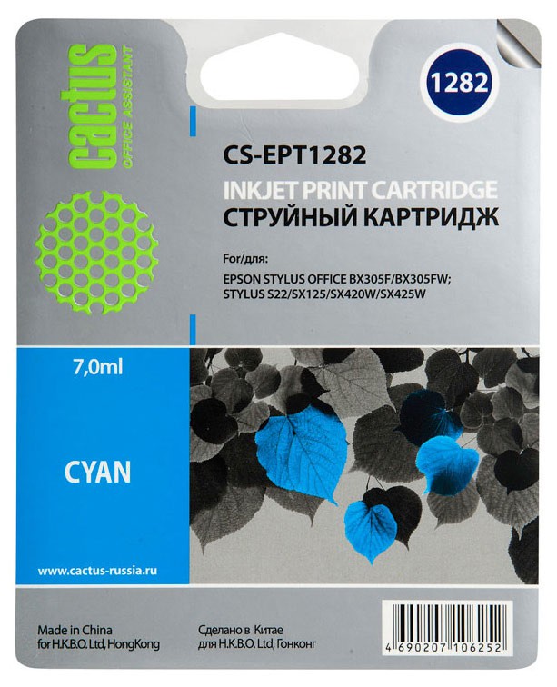 Картридж CACTUS CS-EPT1282 для  Epson Stylus S22/S125/SX420/SX425, Office BX305, голубой,7мл