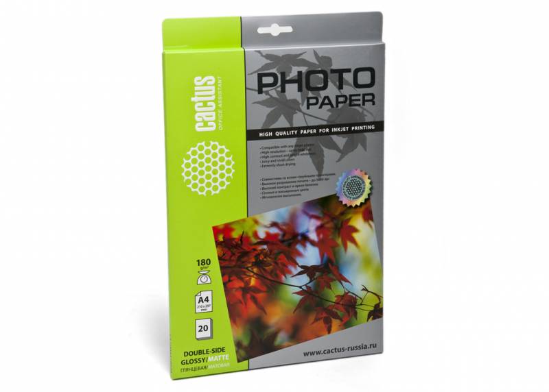 Фотобумага Cactus CS-GMA418020 глянцевая/матовая,двухсторонняя, А4, 180 г/м2, 20 листов