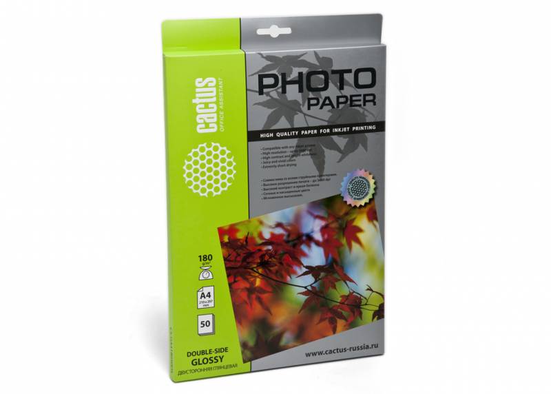 Фотобумага Cactus CS-GA418050 глянцевая/глянцевая, двухсторонняя,А4, 180 г/м2, 50 листов